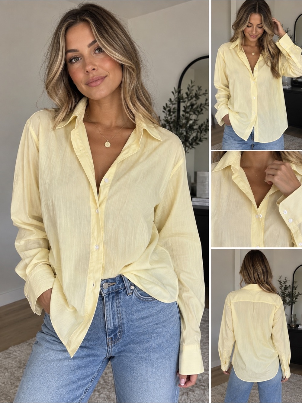 SHEIN Women’s Light Yellow Button Up Blouse Shirt Size L 8/10